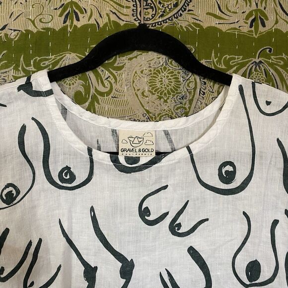 Gravel & Gold White/ Green Linen Boobs Print Taurus Top Size Small - Picture 3 of 14